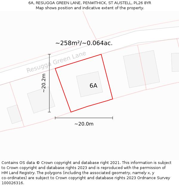 6A, RESUGGA GREEN LANE, PENWITHICK, ST AUSTELL, PL26 8YR: Plot and title map