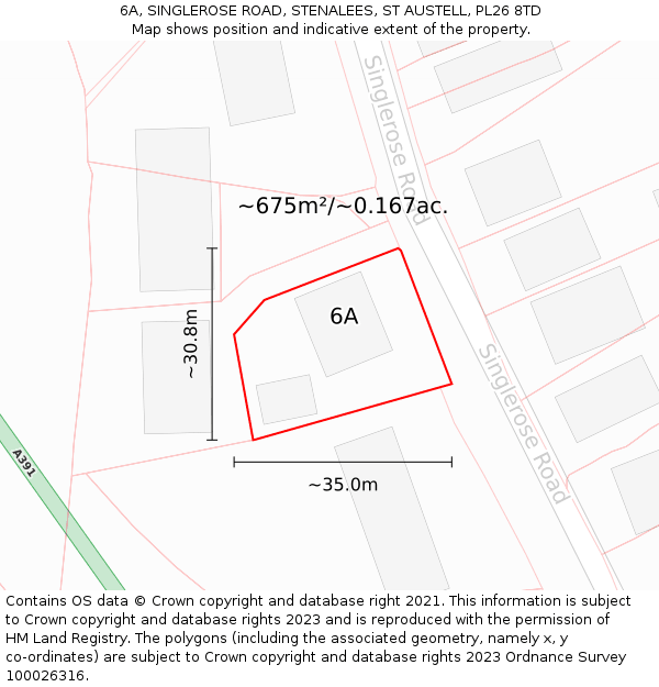 6A, SINGLEROSE ROAD, STENALEES, ST AUSTELL, PL26 8TD: Plot and title map