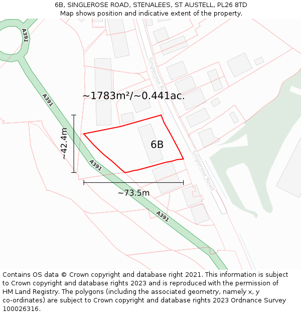 6B, SINGLEROSE ROAD, STENALEES, ST AUSTELL, PL26 8TD: Plot and title map