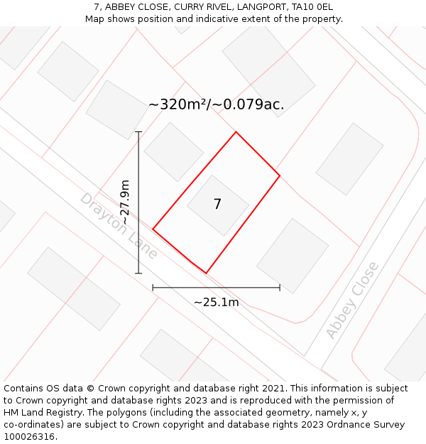 7, ABBEY CLOSE, CURRY RIVEL, LANGPORT, TA10 0EL: Plot and title map