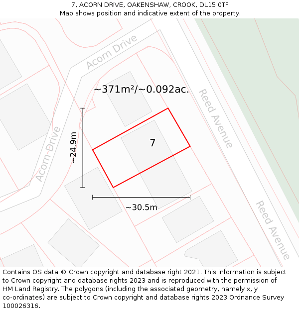 7, ACORN DRIVE, OAKENSHAW, CROOK, DL15 0TF: Plot and title map