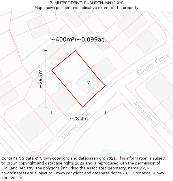 7, AINTREE DRIVE, RUSHDEN, NN10 0YS: Plot and title map