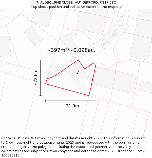 7, ALDBOURNE CLOSE, HUNGERFORD, RG17 0SQ: Plot and title map