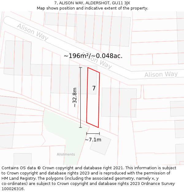 7, ALISON WAY, ALDERSHOT, GU11 3JX: Plot and title map