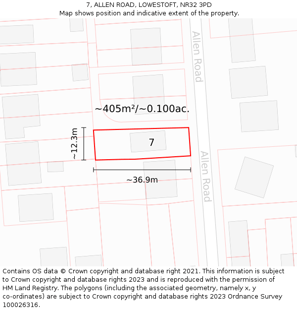 7, ALLEN ROAD, LOWESTOFT, NR32 3PD: Plot and title map