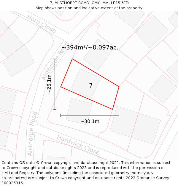 7, ALSTHORPE ROAD, OAKHAM, LE15 6FD: Plot and title map