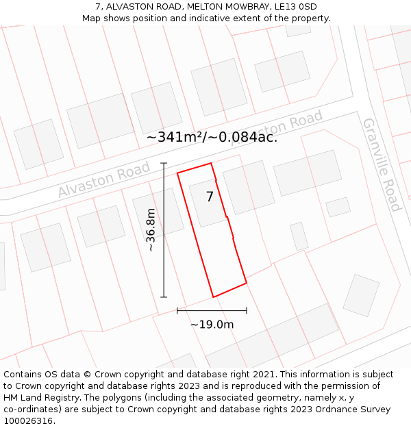 7, ALVASTON ROAD, MELTON MOWBRAY, LE13 0SD: Plot and title map