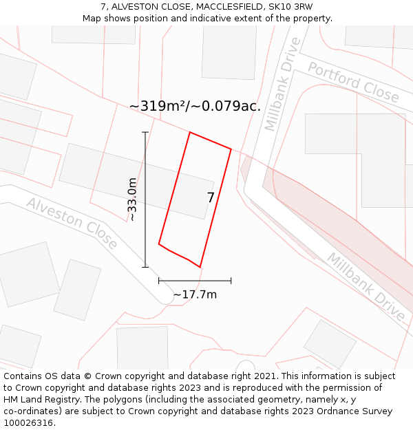 7, ALVESTON CLOSE, MACCLESFIELD, SK10 3RW: Plot and title map