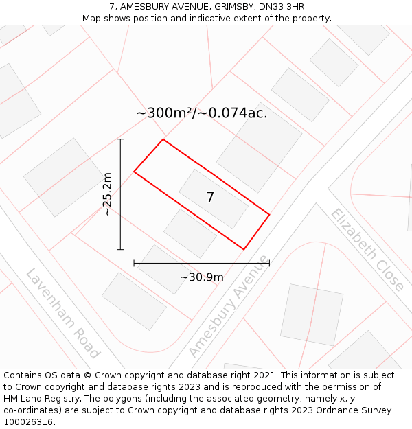 7, AMESBURY AVENUE, GRIMSBY, DN33 3HR: Plot and title map