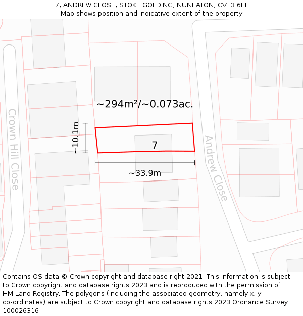 7, ANDREW CLOSE, STOKE GOLDING, NUNEATON, CV13 6EL: Plot and title map