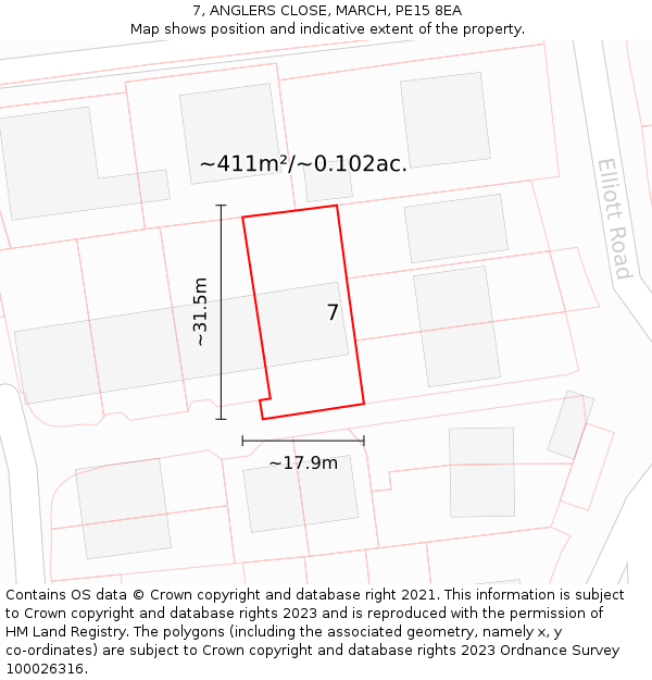 7, ANGLERS CLOSE, MARCH, PE15 8EA: Plot and title map