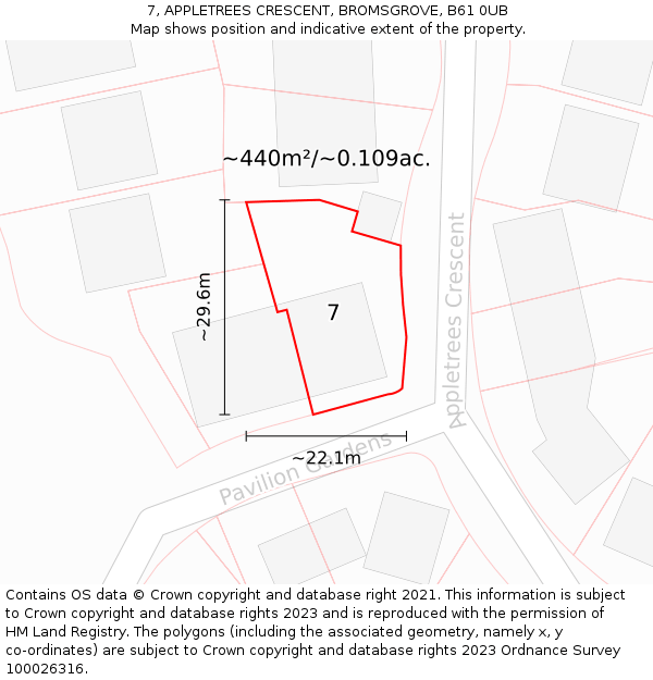 7, APPLETREES CRESCENT, BROMSGROVE, B61 0UB: Plot and title map