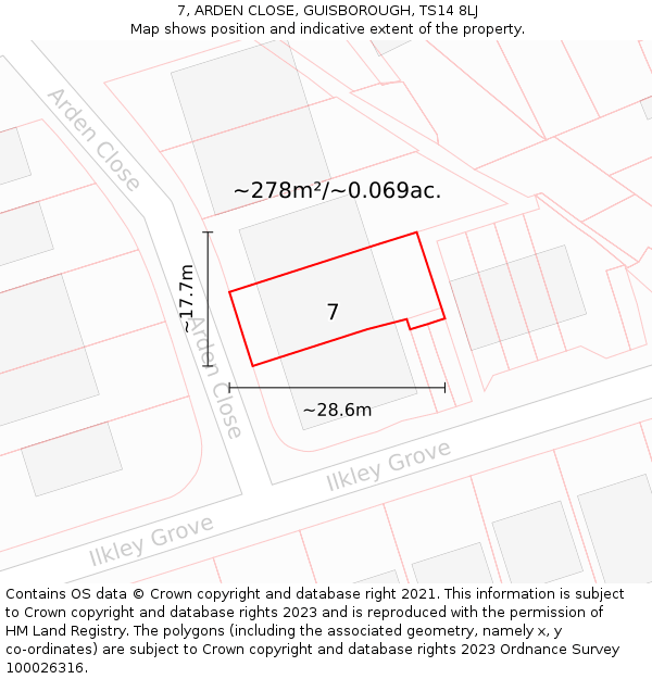 7, ARDEN CLOSE, GUISBOROUGH, TS14 8LJ: Plot and title map