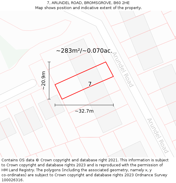 7, ARUNDEL ROAD, BROMSGROVE, B60 2HE: Plot and title map