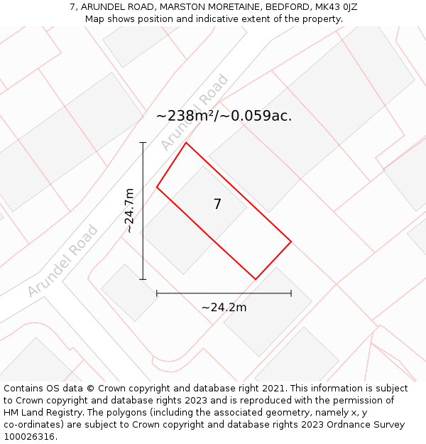 7, ARUNDEL ROAD, MARSTON MORETAINE, BEDFORD, MK43 0JZ: Plot and title map