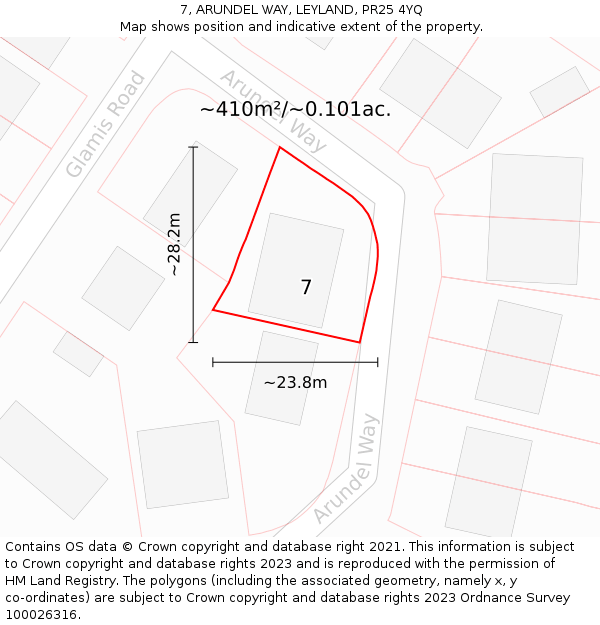 7, ARUNDEL WAY, LEYLAND, PR25 4YQ: Plot and title map