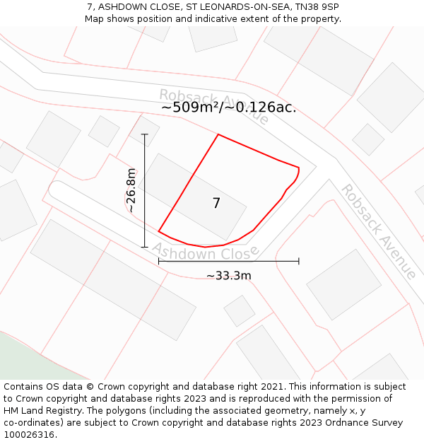 7, ASHDOWN CLOSE, ST LEONARDS-ON-SEA, TN38 9SP: Plot and title map