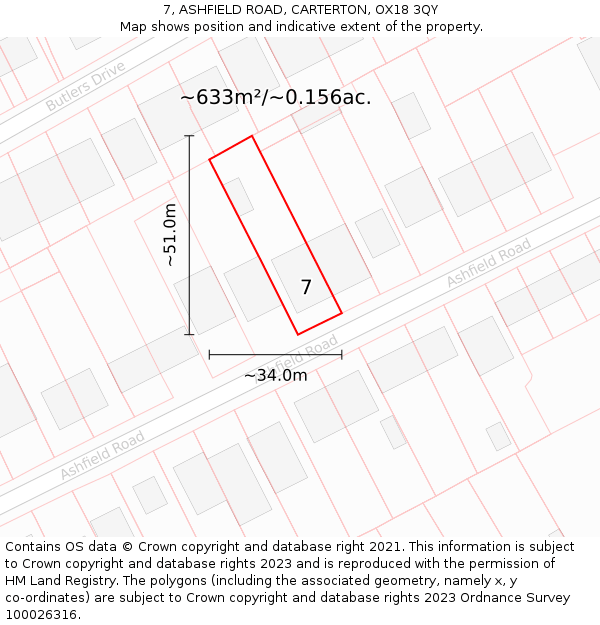 7, ASHFIELD ROAD, CARTERTON, OX18 3QY: Plot and title map