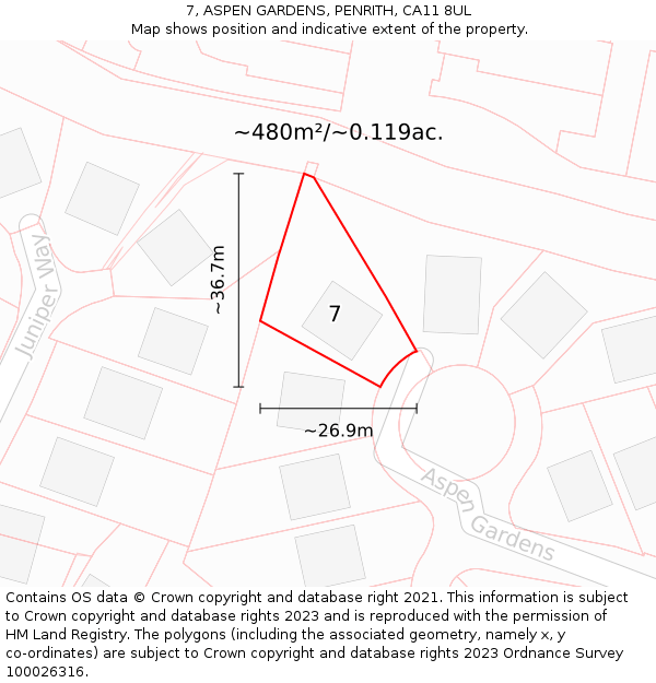 7, ASPEN GARDENS, PENRITH, CA11 8UL: Plot and title map