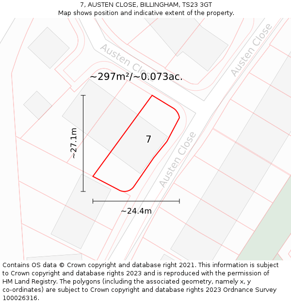 7, AUSTEN CLOSE, BILLINGHAM, TS23 3GT: Plot and title map