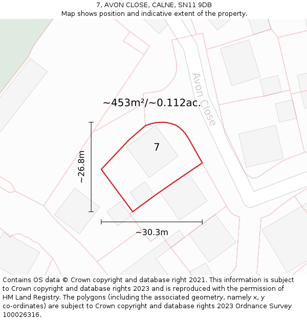 7, AVON CLOSE, CALNE, SN11 9DB: Plot and title map