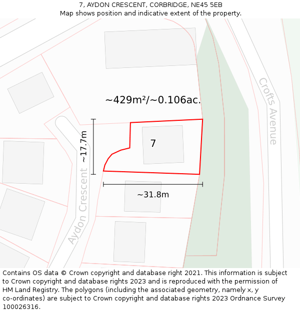 7, AYDON CRESCENT, CORBRIDGE, NE45 5EB: Plot and title map