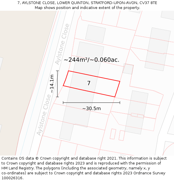 7, AYLSTONE CLOSE, LOWER QUINTON, STRATFORD-UPON-AVON, CV37 8TE: Plot and title map