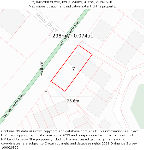 7, BADGER CLOSE, FOUR MARKS, ALTON, GU34 5HB: Plot and title map