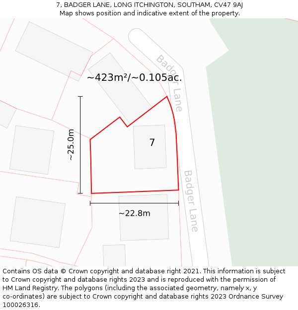 7, BADGER LANE, LONG ITCHINGTON, SOUTHAM, CV47 9AJ: Plot and title map