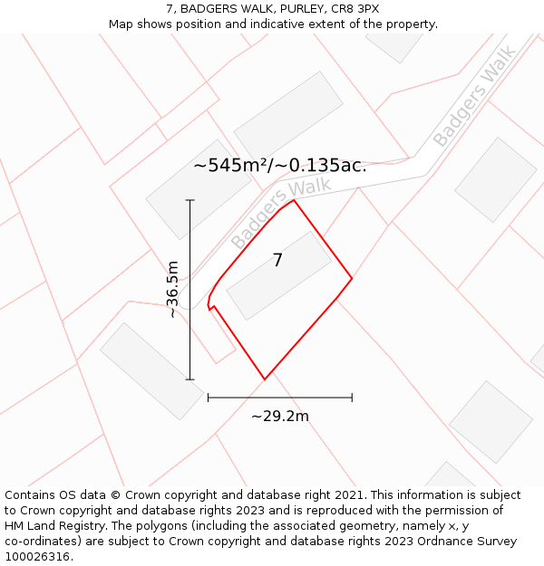 7, BADGERS WALK, PURLEY, CR8 3PX: Plot and title map