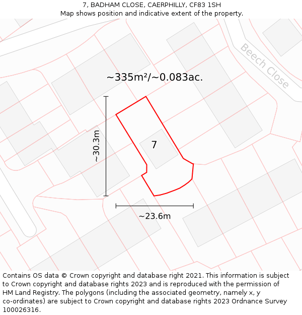 7, BADHAM CLOSE, CAERPHILLY, CF83 1SH: Plot and title map