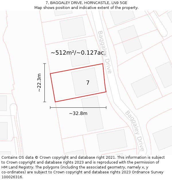 7, BAGGALEY DRIVE, HORNCASTLE, LN9 5GE: Plot and title map
