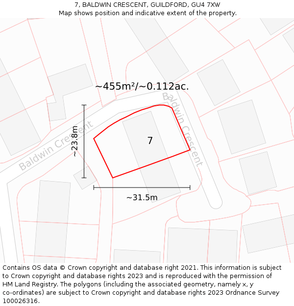 7, BALDWIN CRESCENT, GUILDFORD, GU4 7XW: Plot and title map