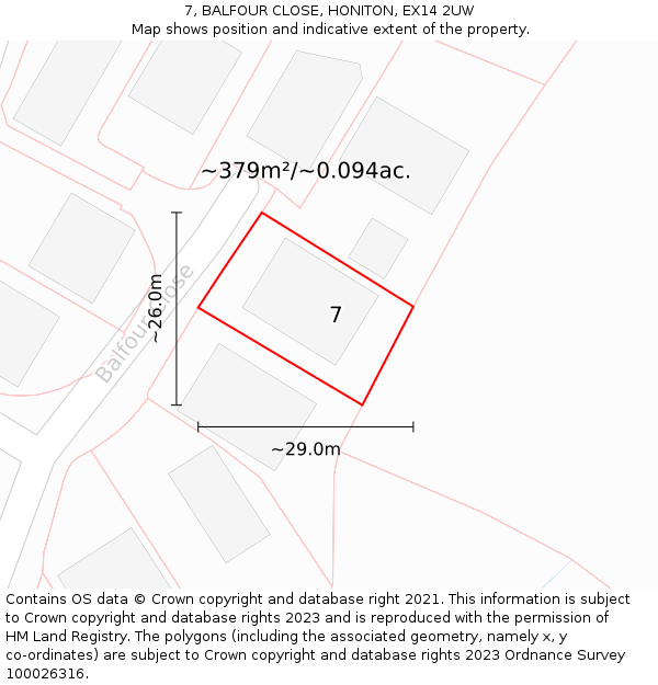 7, BALFOUR CLOSE, HONITON, EX14 2UW: Plot and title map