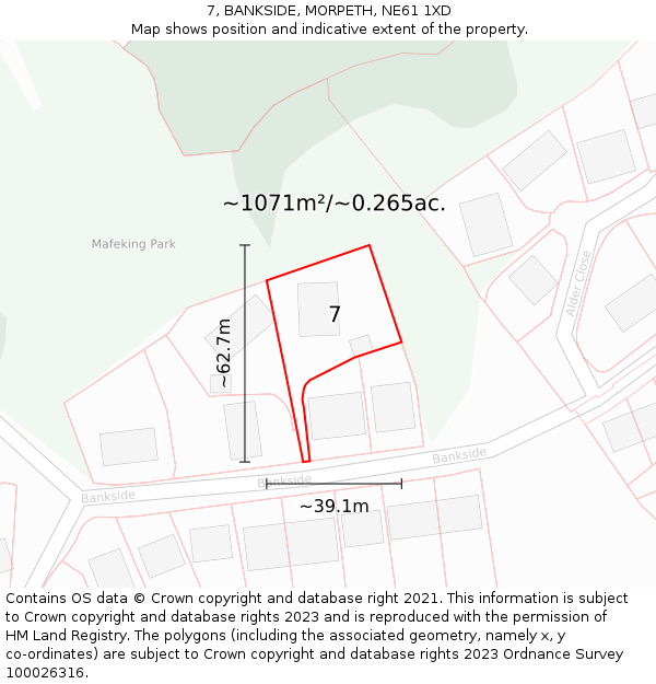 7, BANKSIDE, MORPETH, NE61 1XD: Plot and title map