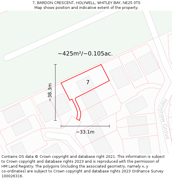 7, BARDON CRESCENT, HOLYWELL, WHITLEY BAY, NE25 0TS: Plot and title map