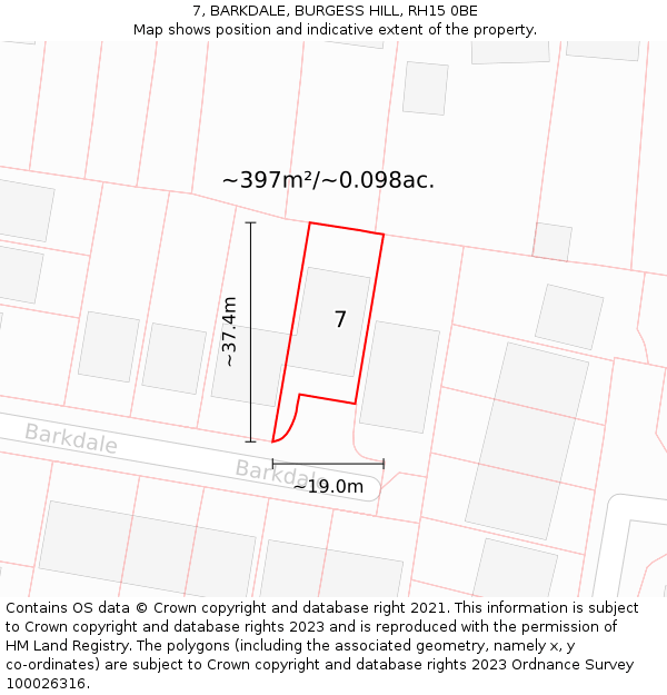 7, BARKDALE, BURGESS HILL, RH15 0BE: Plot and title map