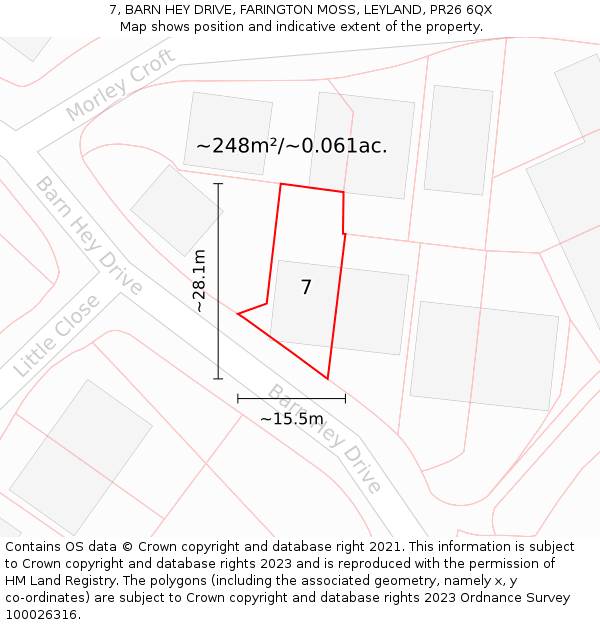 7, BARN HEY DRIVE, FARINGTON MOSS, LEYLAND, PR26 6QX: Plot and title map