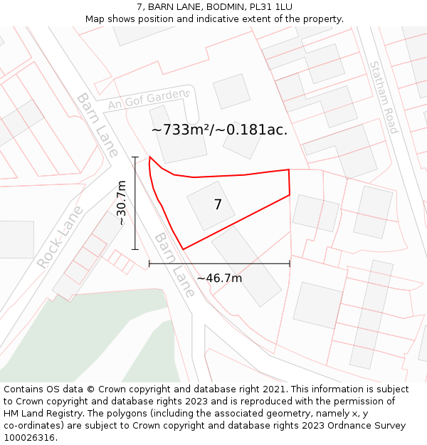 7, BARN LANE, BODMIN, PL31 1LU: Plot and title map