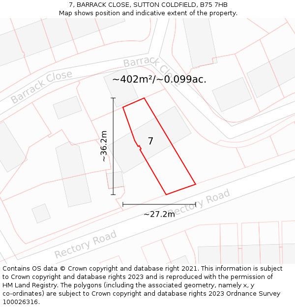 7, BARRACK CLOSE, SUTTON COLDFIELD, B75 7HB: Plot and title map