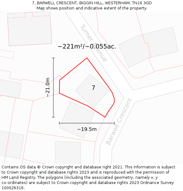 7, BARWELL CRESCENT, BIGGIN HILL, WESTERHAM, TN16 3GD: Plot and title map