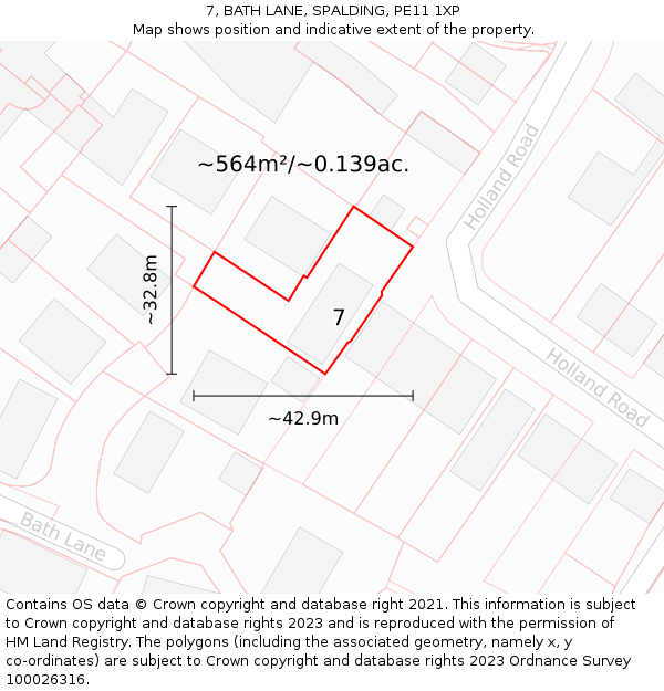 7, BATH LANE, SPALDING, PE11 1XP: Plot and title map