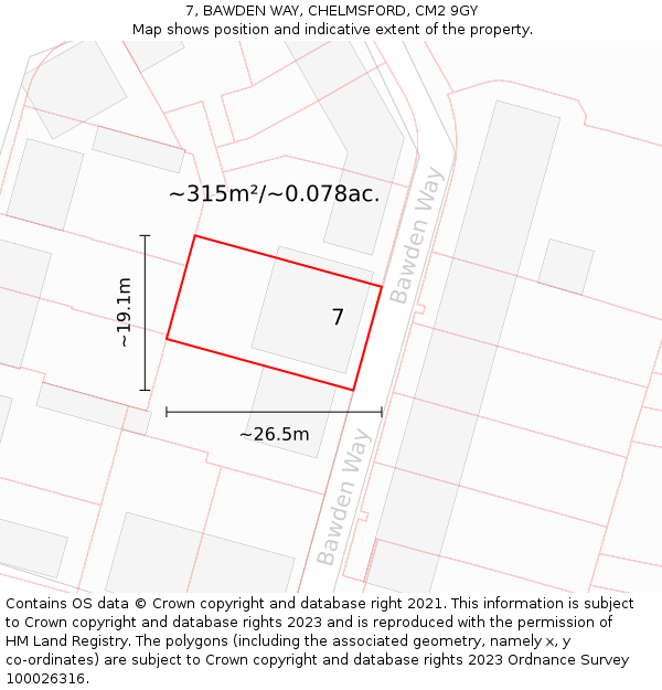 7, BAWDEN WAY, CHELMSFORD, CM2 9GY: Plot and title map