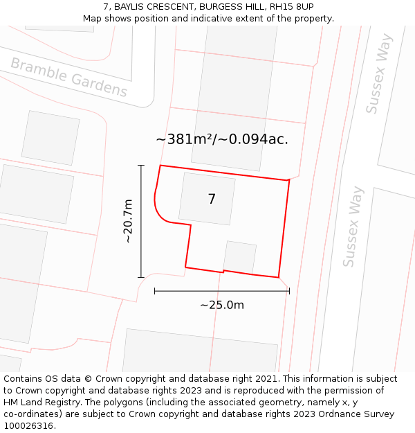 7, BAYLIS CRESCENT, BURGESS HILL, RH15 8UP: Plot and title map