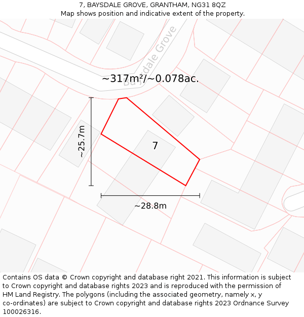 7, BAYSDALE GROVE, GRANTHAM, NG31 8QZ: Plot and title map