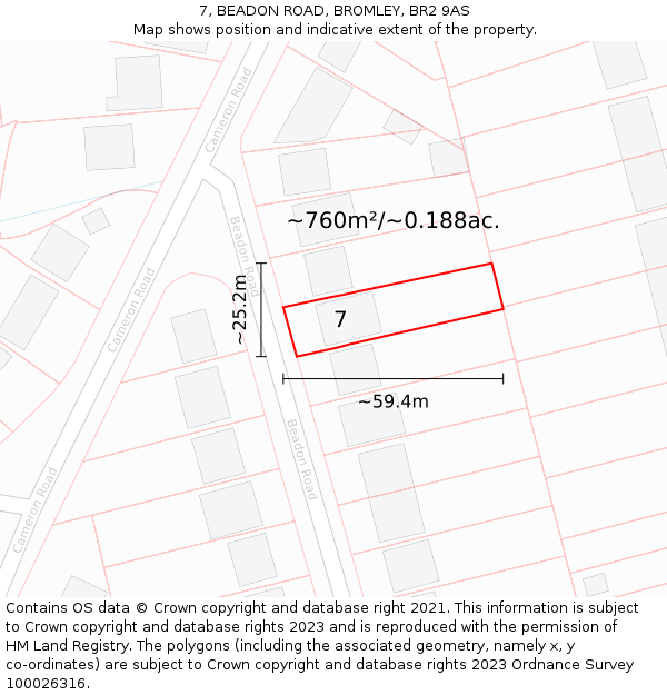 7, BEADON ROAD, BROMLEY, BR2 9AS: Plot and title map