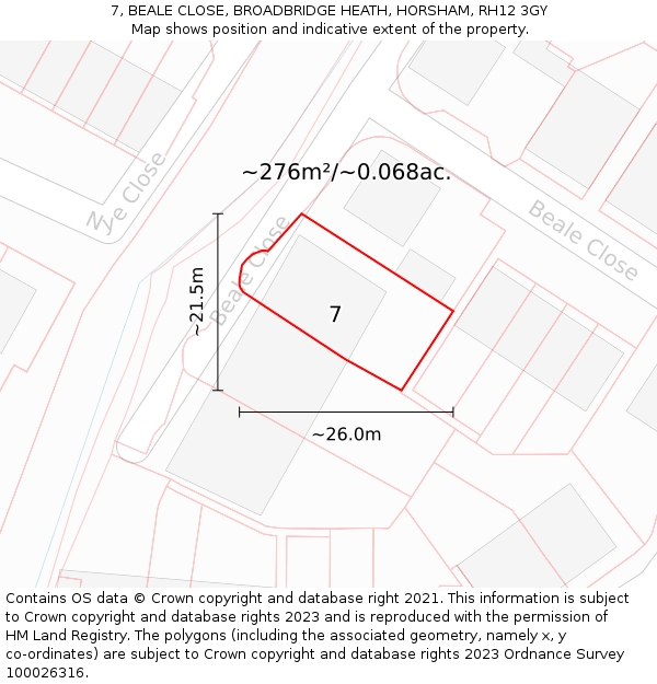 7, BEALE CLOSE, BROADBRIDGE HEATH, HORSHAM, RH12 3GY: Plot and title map