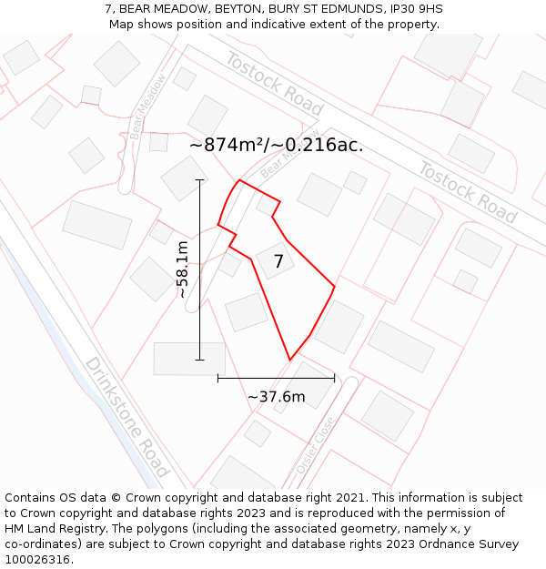 7, BEAR MEADOW, BEYTON, BURY ST EDMUNDS, IP30 9HS: Plot and title map