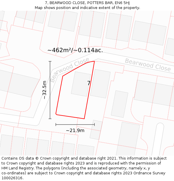 7, BEARWOOD CLOSE, POTTERS BAR, EN6 5HJ: Plot and title map