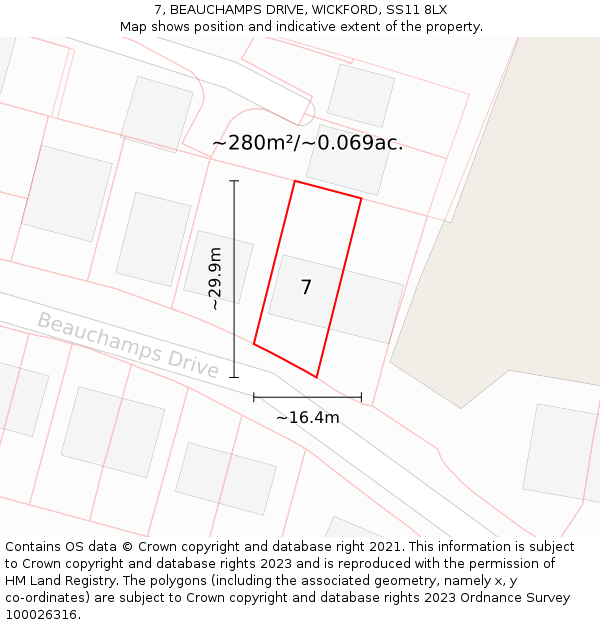 7, BEAUCHAMPS DRIVE, WICKFORD, SS11 8LX: Plot and title map